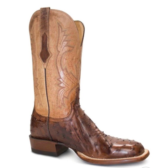 Lucchese Ostrich Cowboy Boots Western Square Toe Leather Brown Tan 9.5 D - Picture 1 of 10